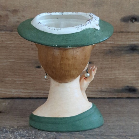 Vtg 4.5" Lee Wards Lady Head Vase Hand Up Green Dress and Hat Earrings Eyelashes - Picture 4 of 11